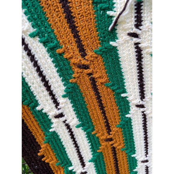 Vintage 1970s Crochet Afghan Blanket Green Brown & Cream Stripes  74x59 - Picture 7 of 14